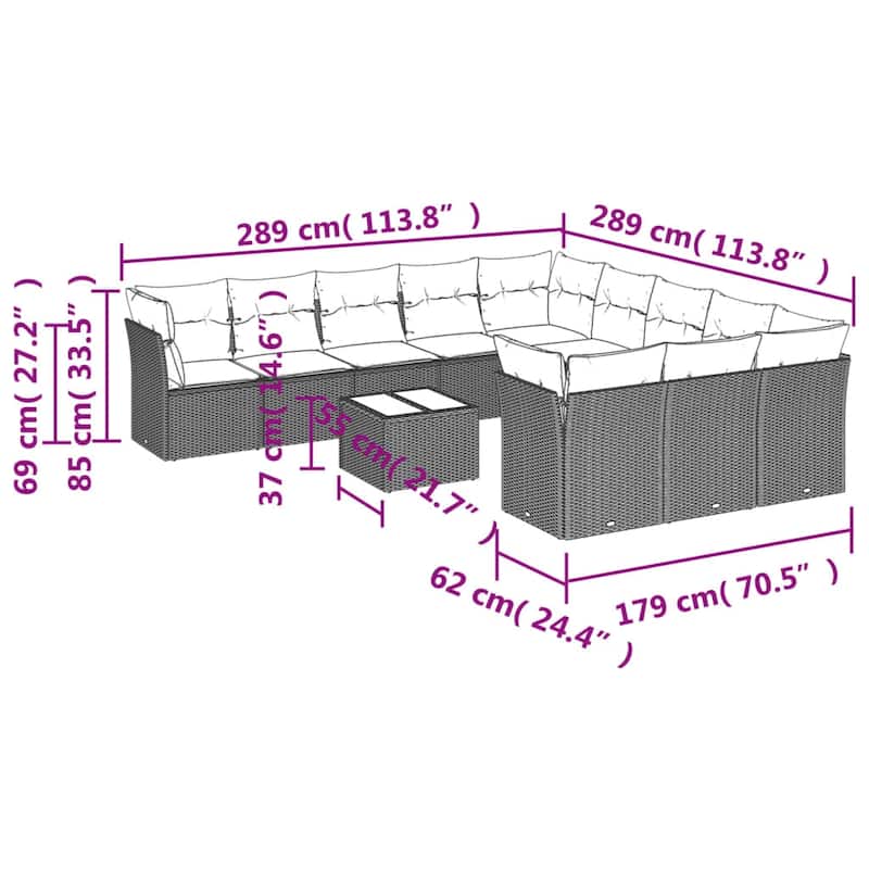 vidaXL Patio Sofa Set with Cushions Outdoor Conversation Furniture Poly Rattan - 21.7" x 24.4" x 27.2"