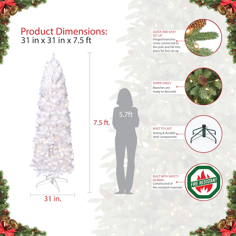 Puleo International Pre-Lit 7.5' White Pencil Northern Fir Artificial Christmas Tree