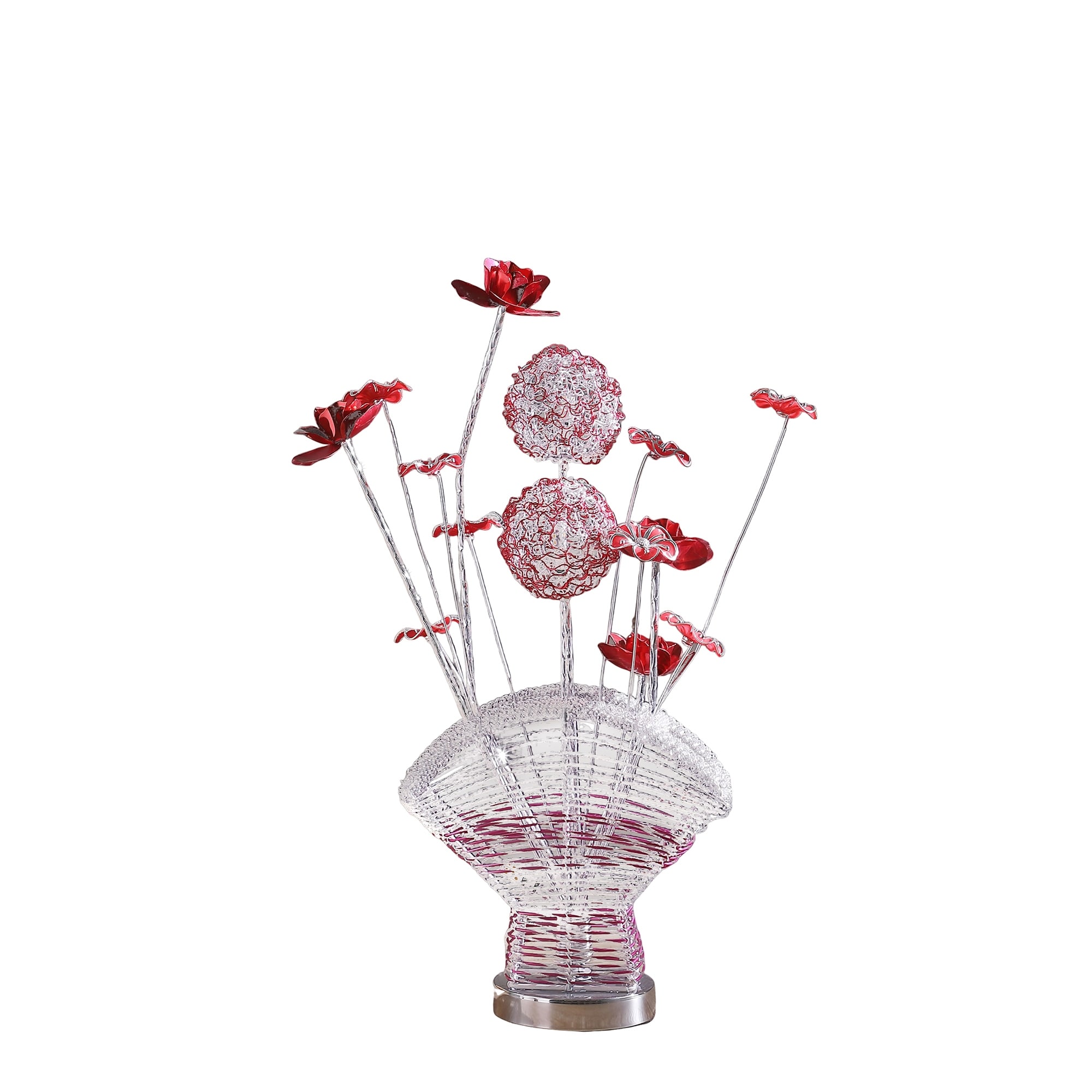 Aluminum 4 Red Roses 6 Petal Floral 2 Red/Silver Flower Bud On A Fan Aluminum Vase Table Lamp, Nightstand Bedside Table Lamp