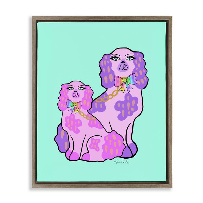 Stupell Funky Glam Dogs on Turquoise Framed Floater Canvas Wall Art Design By Katie Conley - 17 x 21 - Brown