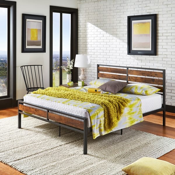 Aabira Low Profile Metal Platform Bed with Wood Finish Panels by