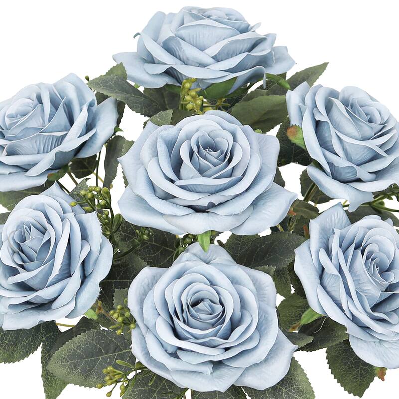 Set of 2 Dusty Blue Artificial Queen Tea Rose Flower Stem Bush Bouquet 17in - 17" L x 9" W x 9" DP