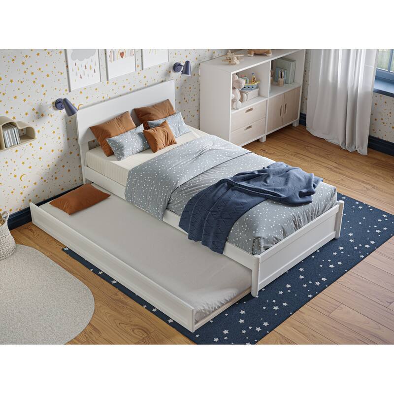 Twin Bed with Trundle & Panel Footboard - White Platform Bed Frame, Adjustable Headboard