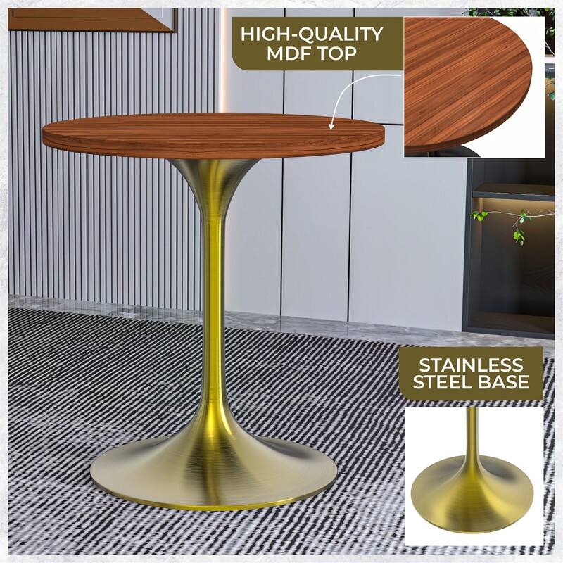 LeisureMod Verve 27" Round Dining Table with MDF Wood TableTop and Brushed Gold Base for Kitchen & Dining Room