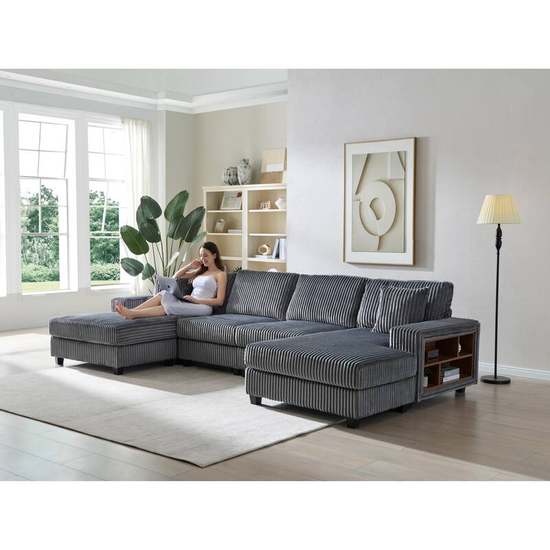 Modular Sectional Sofa with Dual Chaise Lounges, Corduroy Cloud Sofa with Armrest Storage Rack, Convertible 4-Seat Sleeper Sofa