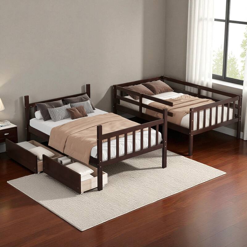 Twin Over Twin Rubber Wood Bunk Bed with 2 Drawers, Convertible into 2 Twin Beds, Ladder and Safety Guardrails
