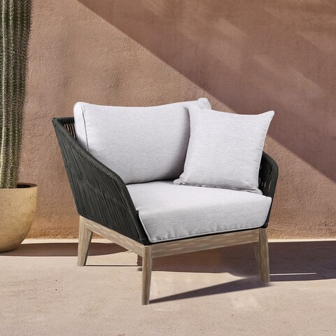 Athos Indoor Outdoor Club Chair in Eucalyptus Wood with Rope and Grey Cushions