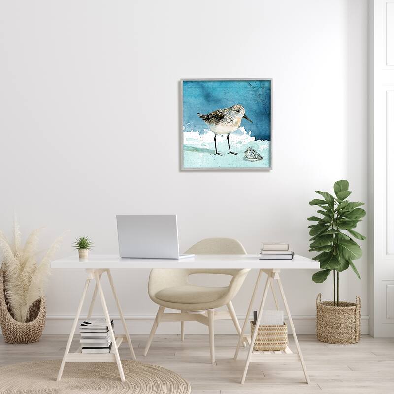 Stupell Sandpiper Bird and Shell Nautical Ocean Map Framed Wall Art - Blue