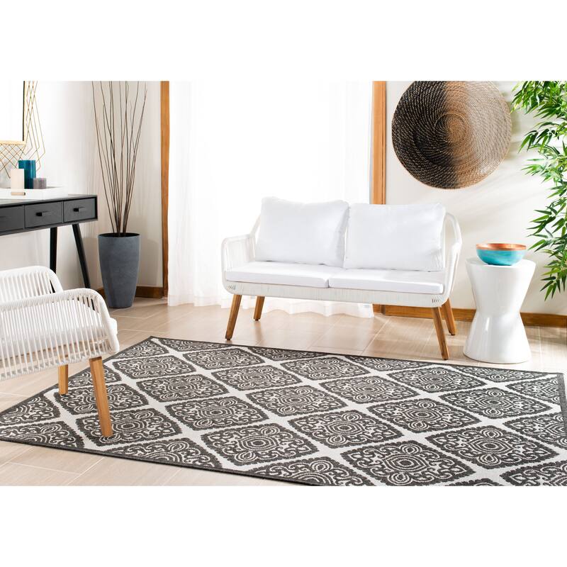 SAFAVIEH Linden Sharron Indoor/ Outdoor Waterproof Patio Backyard Rug - 9' x 12' - Light Grey/Charcoal