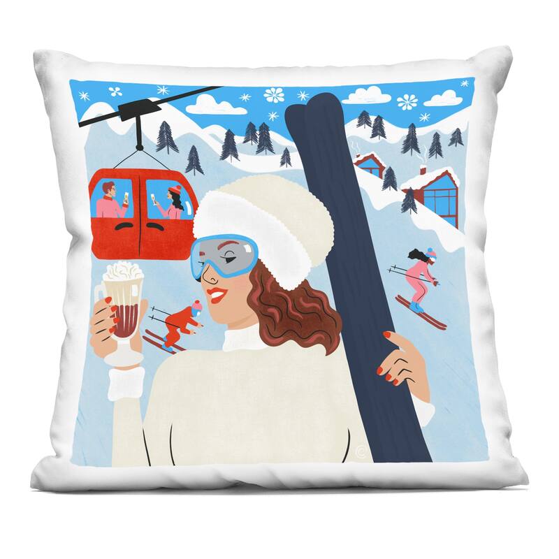Stupell Sipping Cocoa on Ski Lift Decorative Printed Throw Pillow Design by Carrie Cantwell - Accent - Polyester - Blue - Single