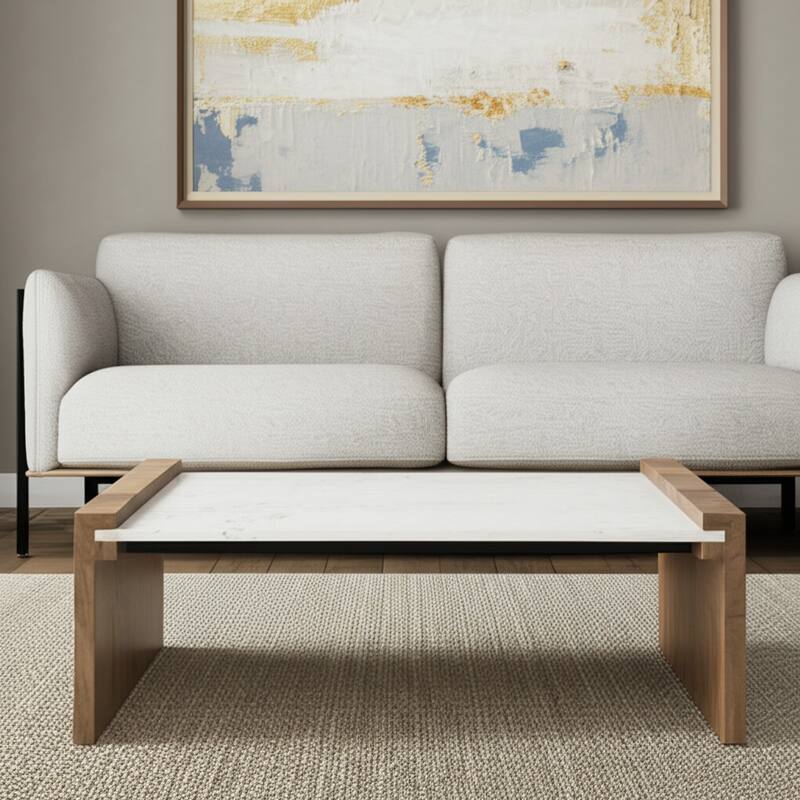 HomeRoots 48" Natural and White Solid Wood And Genuine Marble Coffee Table - 48' X '16' X '28 - White/Natural