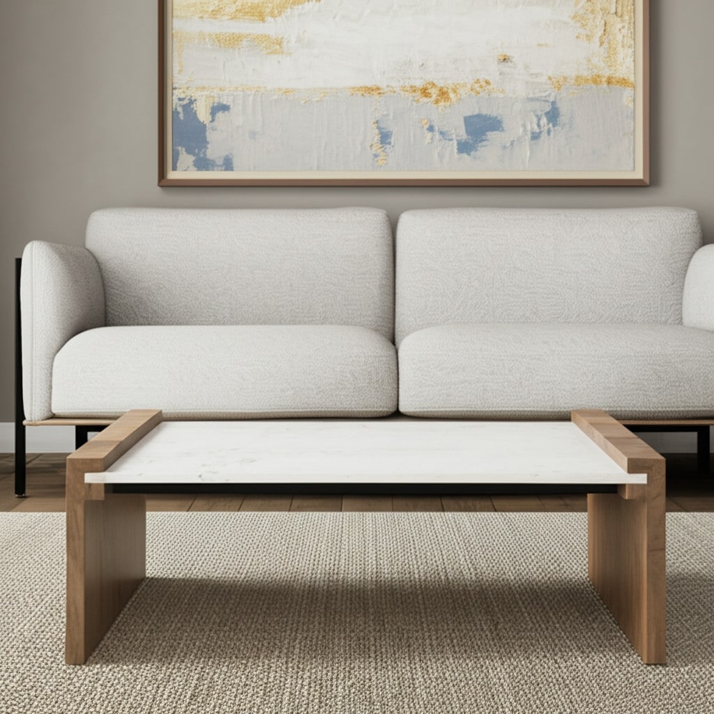 HomeRoots 48" Natural and White Solid Wood And Genuine Marble Coffee Table - 48' X '16' X '28