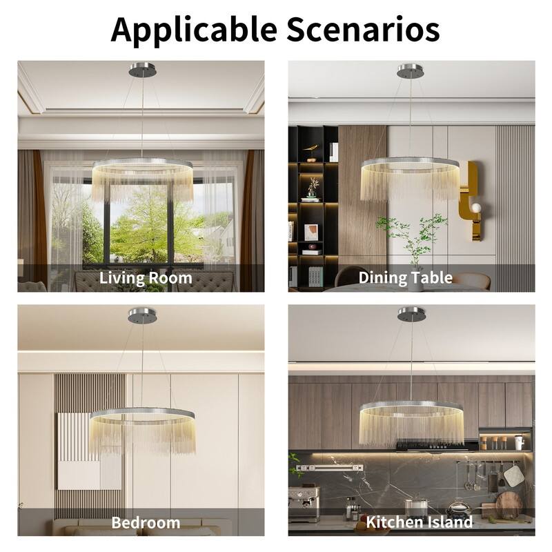 Aluminum Tassel Linear Chandelier Round Ceiling Pendant Lighting Fixture Over Dining Table, Kitchen Islands, Entryways