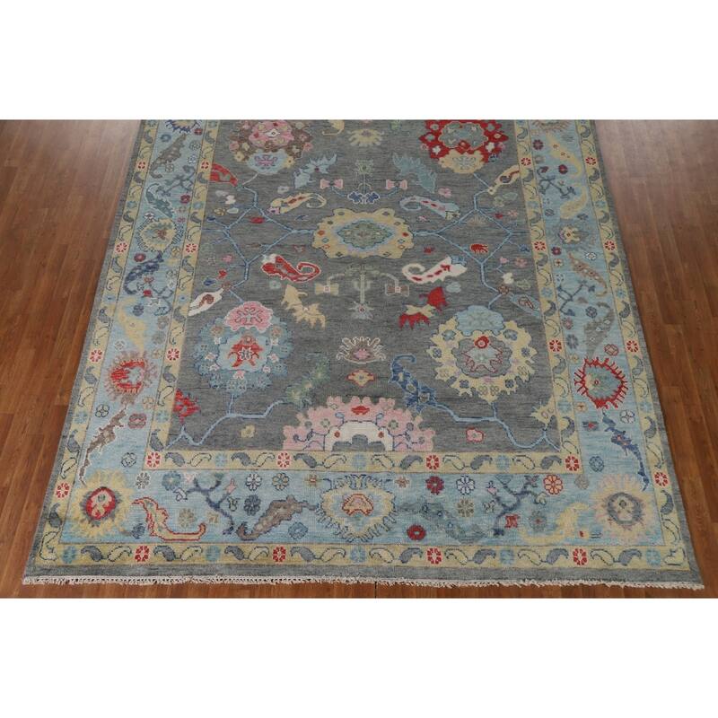 Gray Floral Oushak Oriental Area Rug Hand-Knotted Wool Carpet - 9'0"x 11'9"