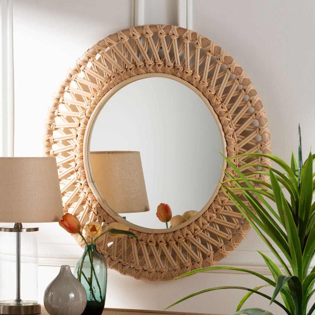 Burris Natural Rattan Wall Mirror - Handwoven Wicker Round Frame, Boho Coastal Accent Wall Decor for Entryway or Bedroom