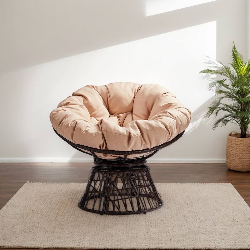 38 Inch Wicker Papasan Chair with Rotating Cushioned Seat - 38" x 33.5" x 32"