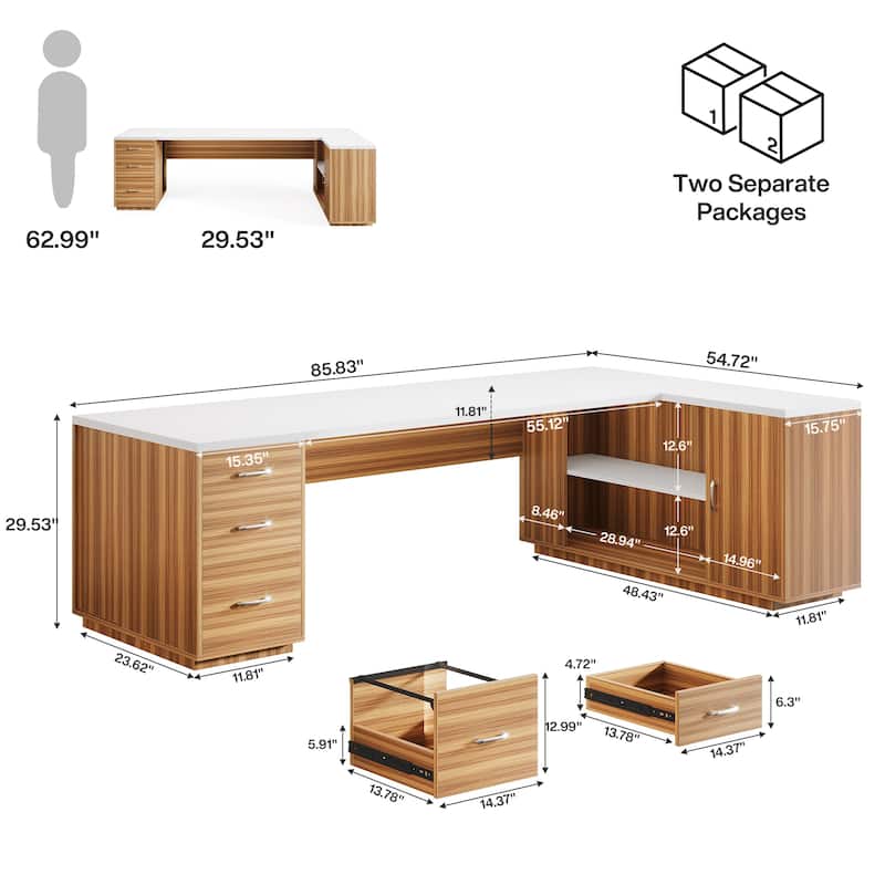 85.8" L-Shaped Executive Desk, Extra Large Office Desk with Drawers