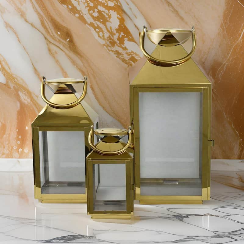 Davi Set of 3 Decorative Lanterns, Curved Handles, Glass Panel, Brass Metal