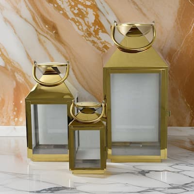 Davi Set of 3 Decorative Lanterns, Curved Handles, Glass Panel, Brass Metal