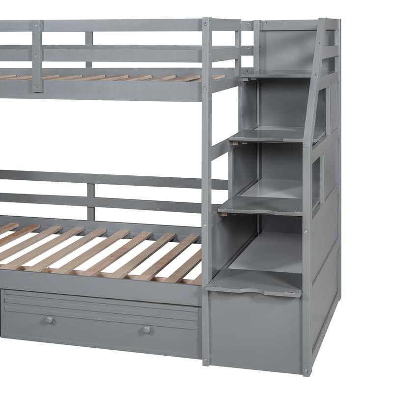 Twin Over Twin Bunk Bed With Storage Staircase, Slide And Drawers, Desk With Drawers And Shelves