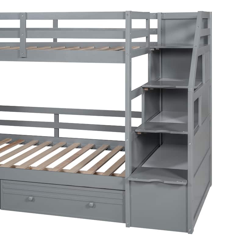 Wooden Bunk Bed w/Desk, Twin Over Twin Bed Frame w/Drawers Slide