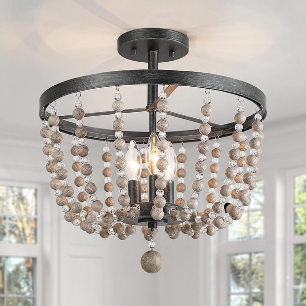 slide 2 of 18, Modern Farmhouse 3-Light Flush Mount Bohemian Distressed Wood Ceiling Lights