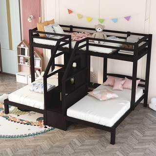 Twin Triple Bunk Bed with Storage Drawer, Twin-Over-Twin Bunkbeds with Built-in Staircase & Safety Guardrail, 3 in 1 Bedframe