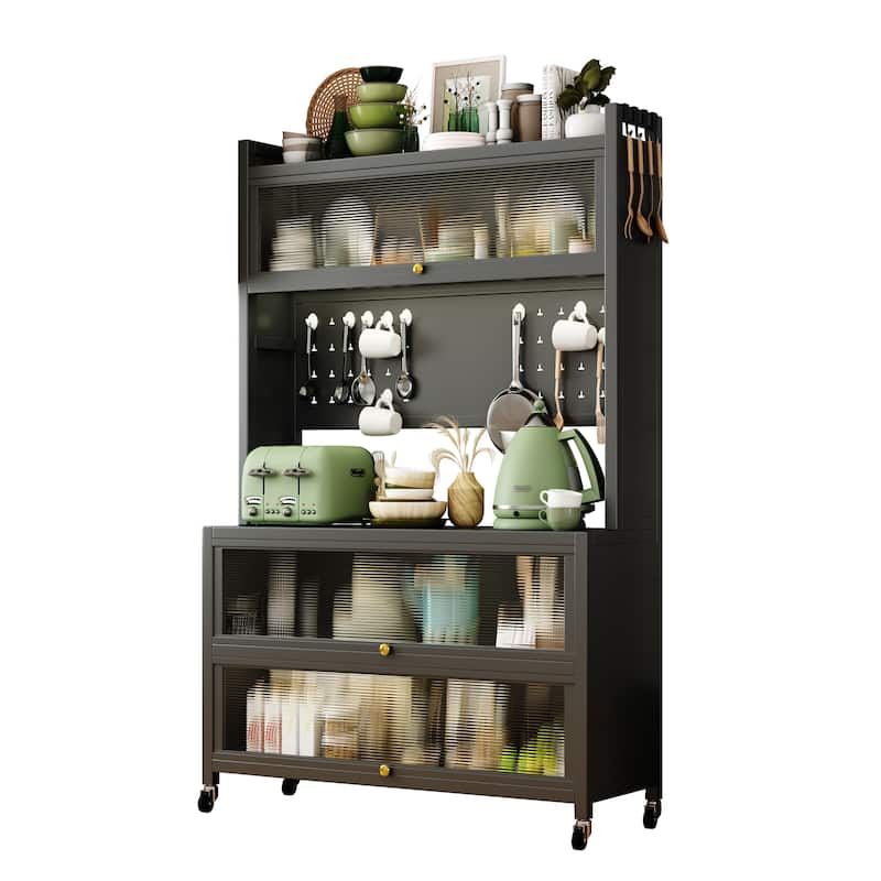 Kitchen Metal Storage Cabinets with Transparent Flip Door & 4 Rolling Wheels, Microwave Stand with 4 Tier Bakers Rack