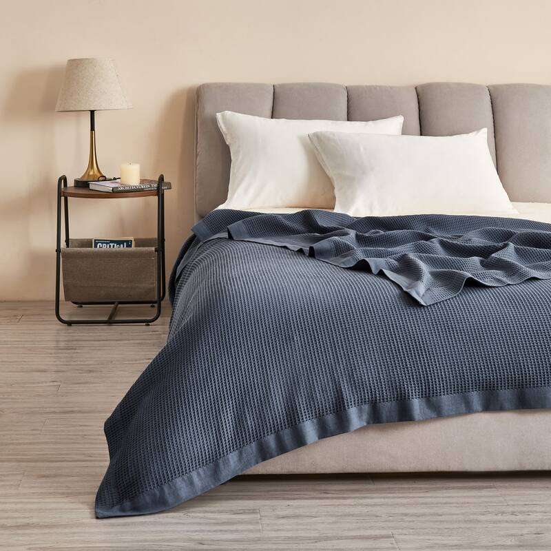 Luxurious 100% Cotton Soft Waffle Weave Knit Blanket - King - Ocean Blue