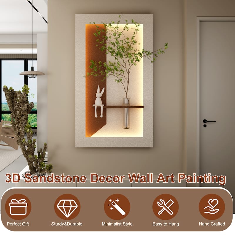 Adjustable 3-Color LED Sandstone Wall Decor with Simulated Green Plants, Glass Vase & Rabbit Statue, Remote Control Light Strips