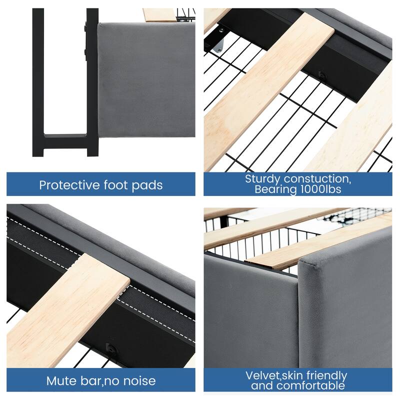 Upholstered Velvet Platform Bed Frame with 4 Storage Drawers and Charging Station