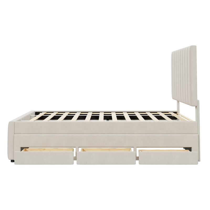 Full Size Upholstered Platform Bed with Twin Trundle and 3 Drawers, Linen Fabric, Beige