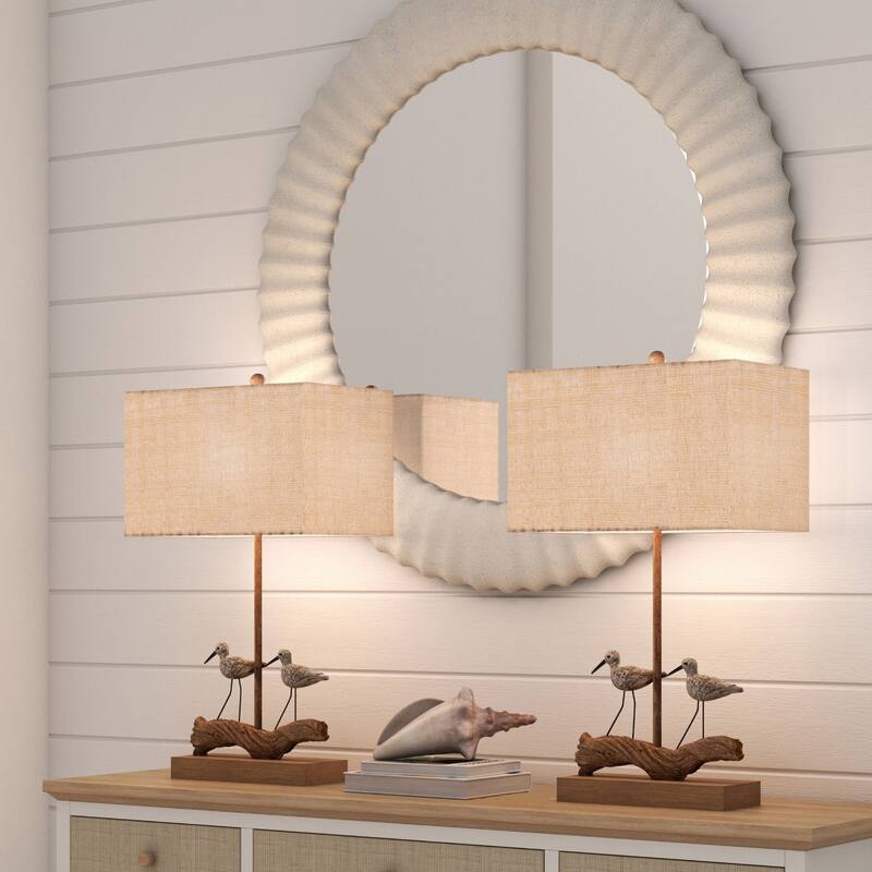 30-Inch Set of 2 Brown Coastal Bird Table Lamps with Linen Shade and Driftwood Base 3-Way Switch - 29.75”H x 11.5”W x 4.75”D