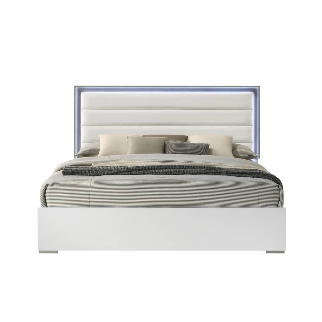 Olivia Contemporary Style Bed Made with LED Headboard & Wood in White