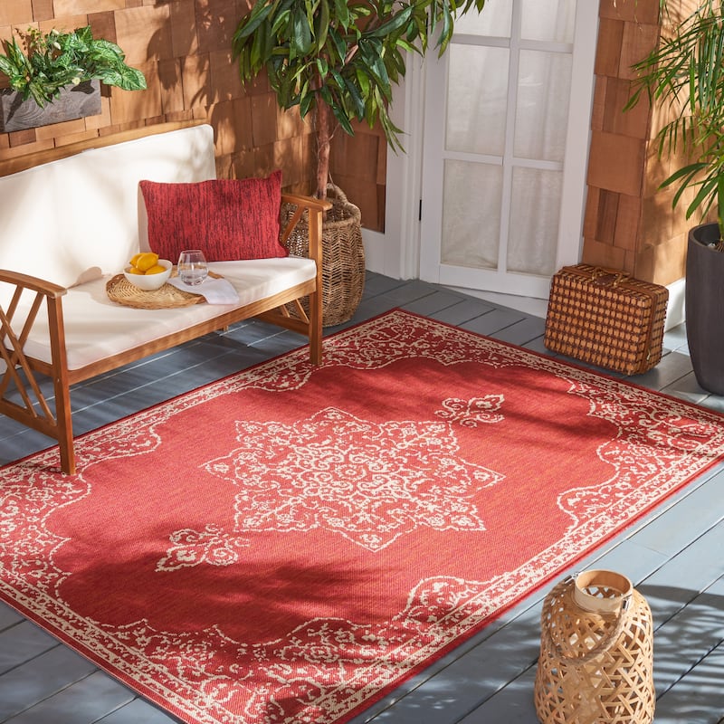 SAFAVIEH Beach House Zanfira Indoor/ Outdoor Waterproof Patio Backyard Rug - 2'2" x 4' - Red/Creme