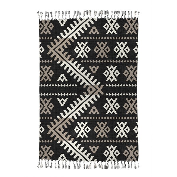 ORNA BLACK AND TAN Beach Blanket with Tassels By Becky Bailey 38
