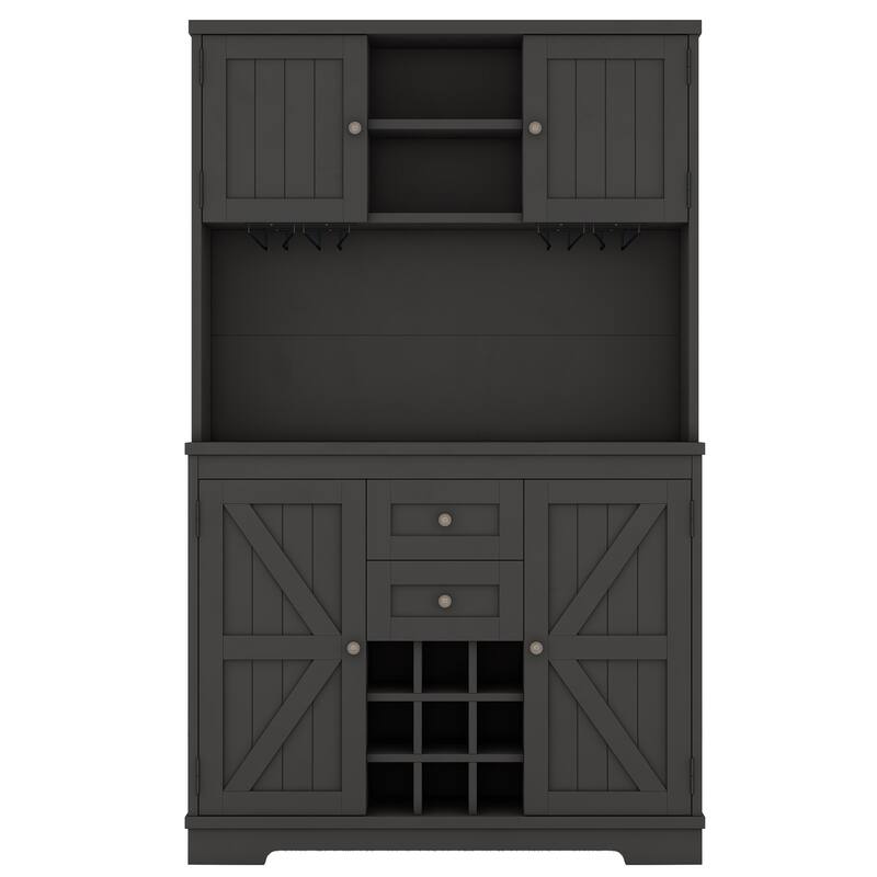 Roomfitters Farmhouse Coffee Bar Cabinet with Wine Storage, Buffet Sideboard with Glass Racks and Shelves