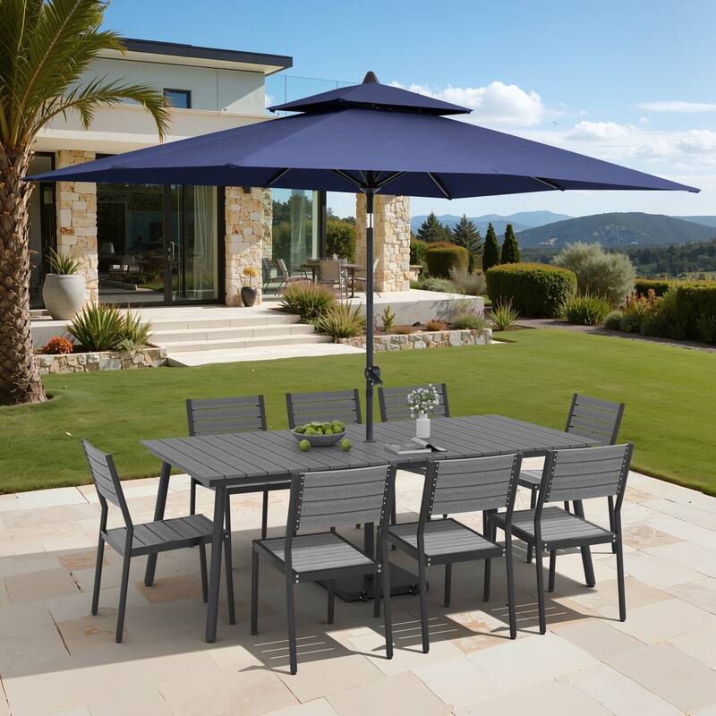 11-Piece Outdoor Dining Set Aluminum Table and 8 Stackable Chairs w/ 10 ft Umbrella and Base Stand - Dark Grey Table with Navy Blue Umbrella