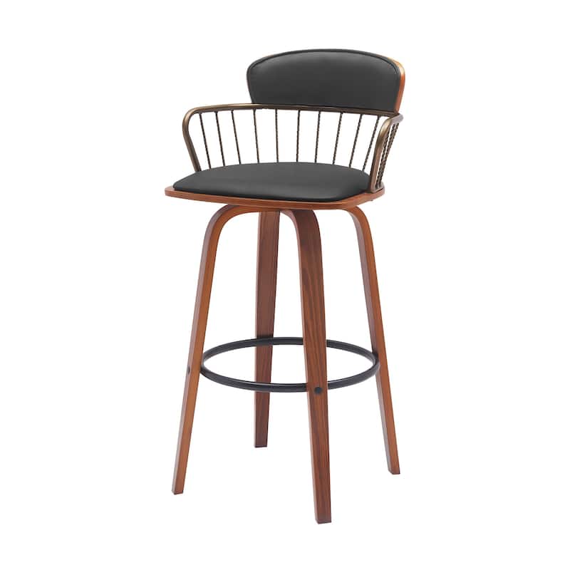 30" Black And Wood Brown Faux Leather Swivel Low Back Bar Height Bar Chair