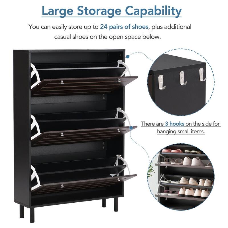 31.5 in.W Shoe Cabinet with 3 Flip Drawers and Adjustable Panel - 3-Tier