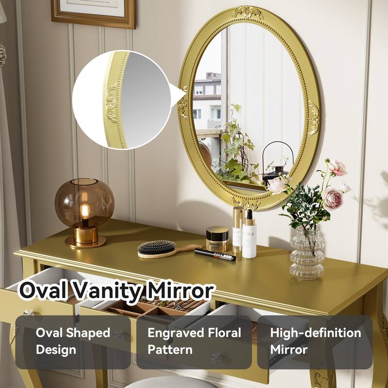 Luxury Makeup Vanity Desk with Oval Mirror, 3-Drawer Dressing Table
