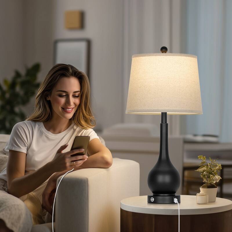 26'' Modern Table Lamps with Oatmeal Fabric Shades & Dual USB Charging Ports (Set of 2) - 12.5'' X 12.5'' X 26''