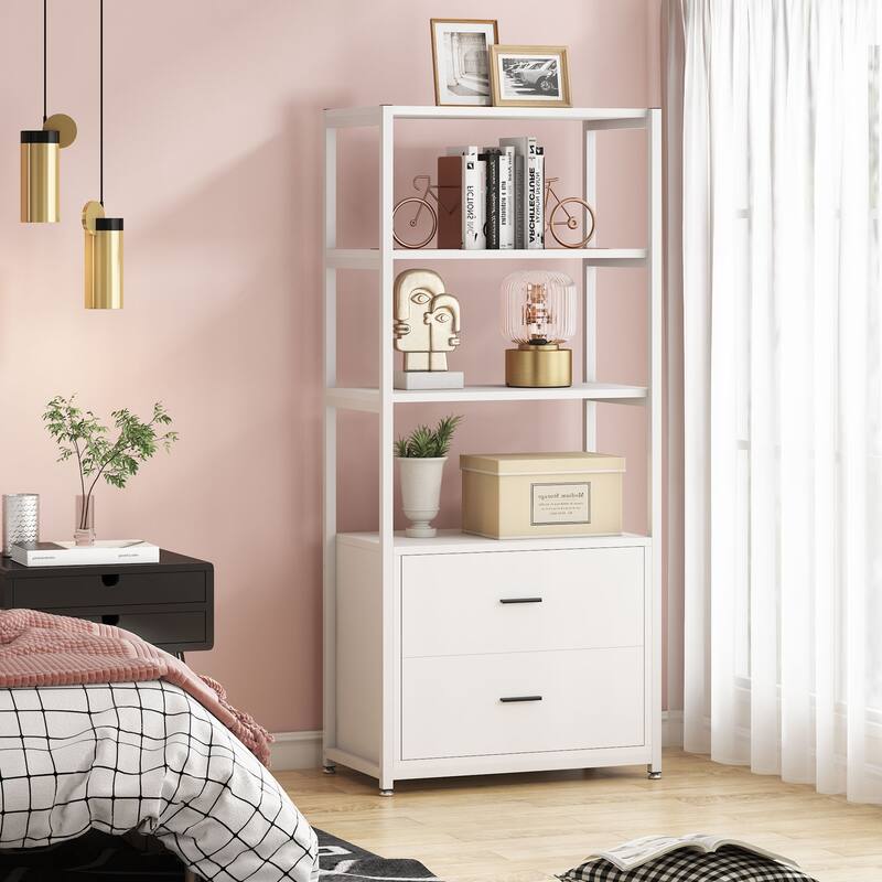 4-Tier Rustic Bookcases with 2 Drawers, Etagere Standard Book Shelves Display Shelf for Home Office