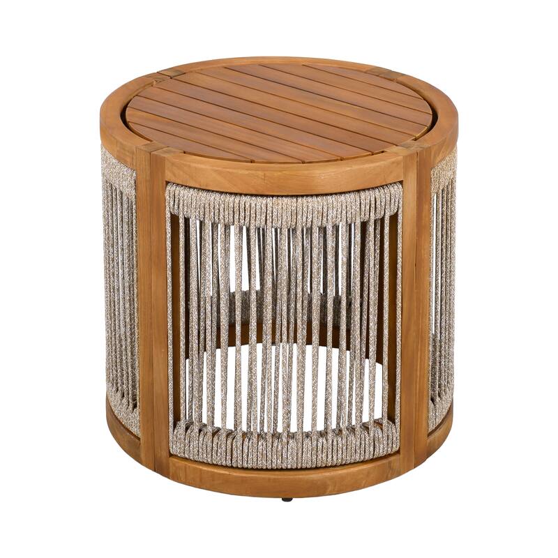 16.9" Acacia Wood Outdoor Side Table - Handwoven Rope Accent Boho Patio Table with All-Weather Durability