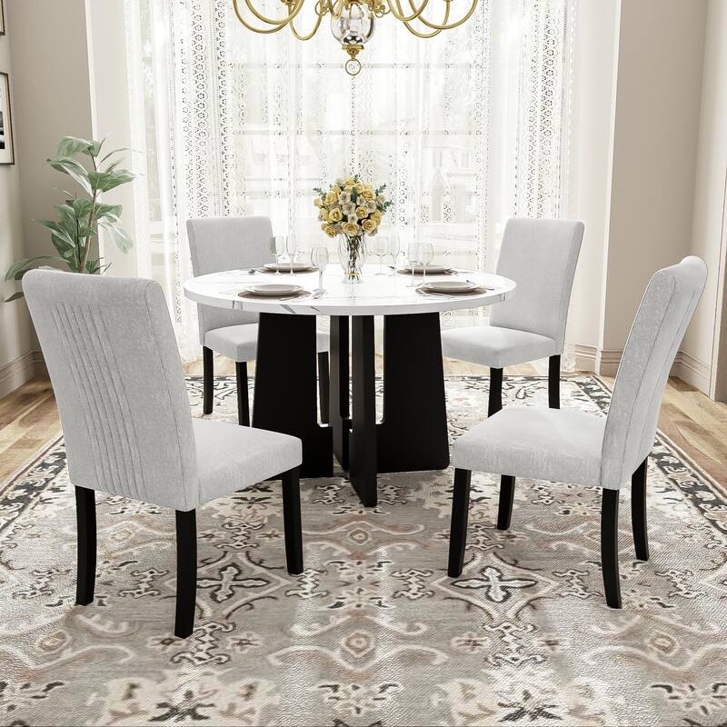 5 Kitchen Piece Dining Table Set Round Dining Table Set, with 43-Inch Dining Table & 4 Upholstered Dining Room Chair - Beige+White
