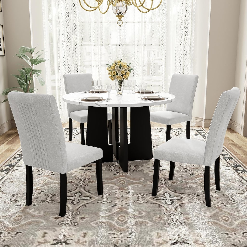 5-Piece, Modern Round Dining Table set with Dining Table and 4 Upholstered Chairs, for Dining Room, Kitchen Room, Living Room