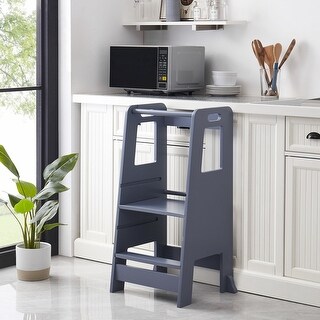 Kid's Wooden Kitchen Step Stool Adjustable Platform Standing Tower with Safety Guardrail - 17.5*16.7*36