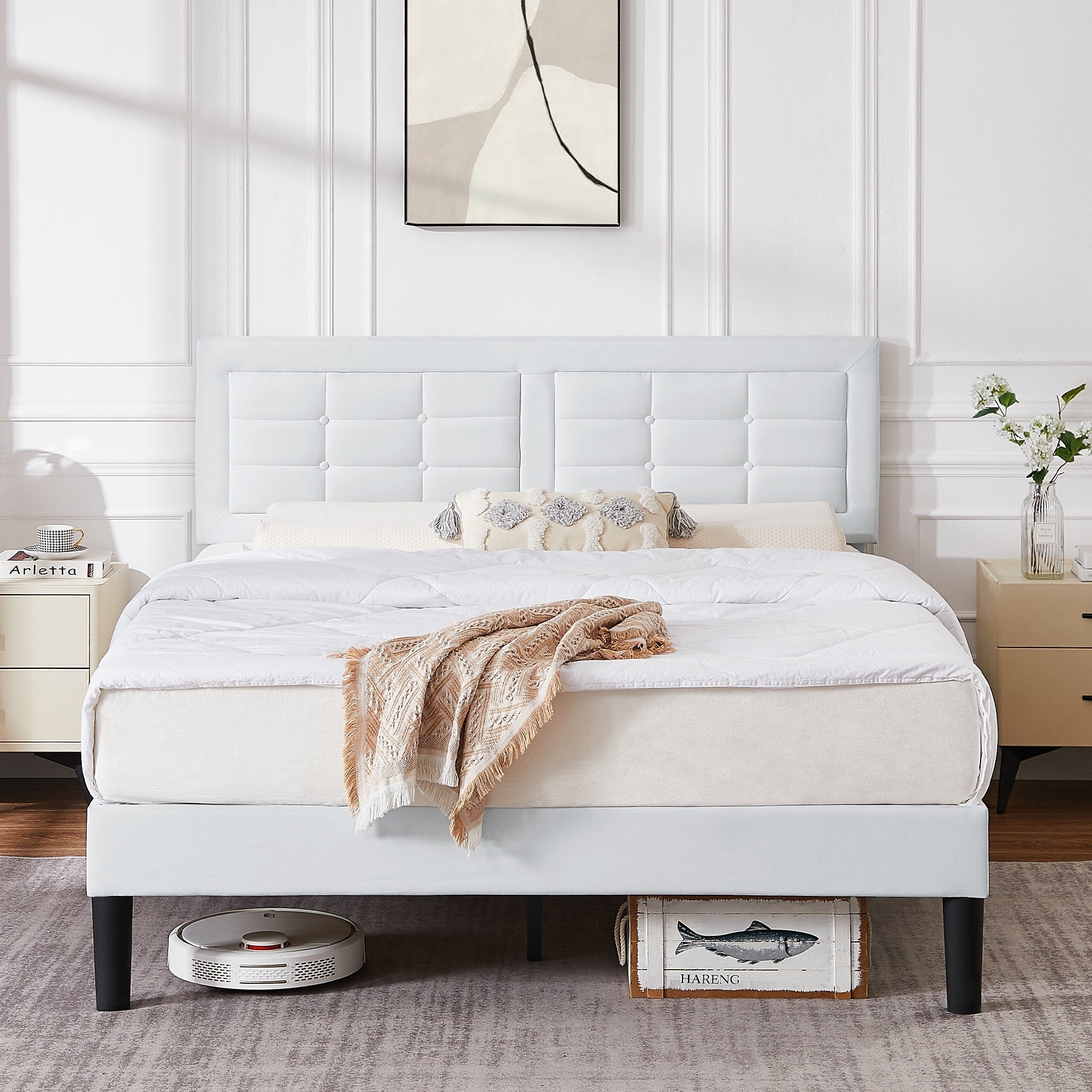 Javlergo Modern Upholstered Platform Bed Frame with Height Adjustable Tufted Headboard