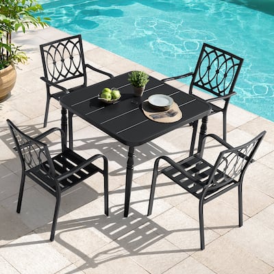 5-Piece Metal Patio Dining Set with Umbrella Hole and 4 Stackable Chairs