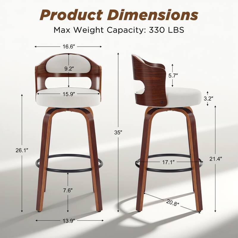 26"/29" Swivel Faux Leather Upholstered Bentwood Counter or Bar Height Stools, Set of 2/4